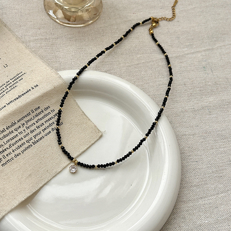 Black Onyx & Gold Bead Necklace | Hypoallergenic Adjustable 50cm Chain with Diamond Charm | Unisex Daily Jewelry