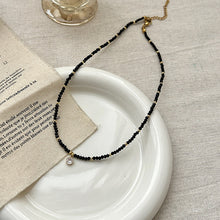 Load image into Gallery viewer, Black Onyx &amp; Gold Bead Necklace | Hypoallergenic Adjustable 50cm Chain with Diamond Charm | Unisex Daily Jewelry