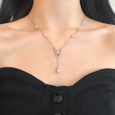 Butterfly & Pearl White Gold Necklace | Hypoallergenic Elegant Jewelry for Women | Wedding & Daily Luxury Gift
