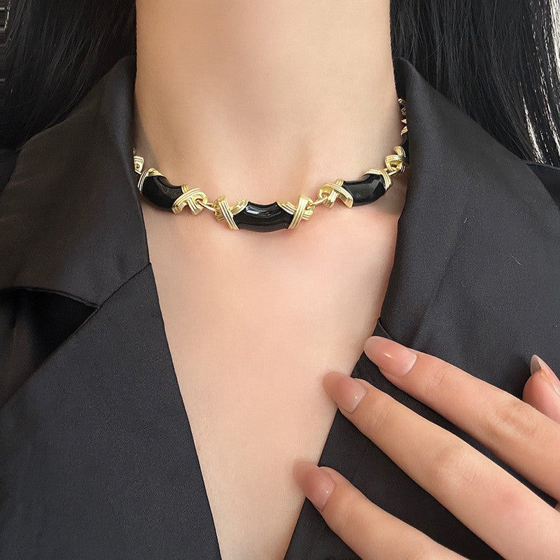 Black Onyx & Gold X-Band Bracelet | Hypoallergenic Adjustable Jewelry for Women | Modern Luxury Minimalist Design