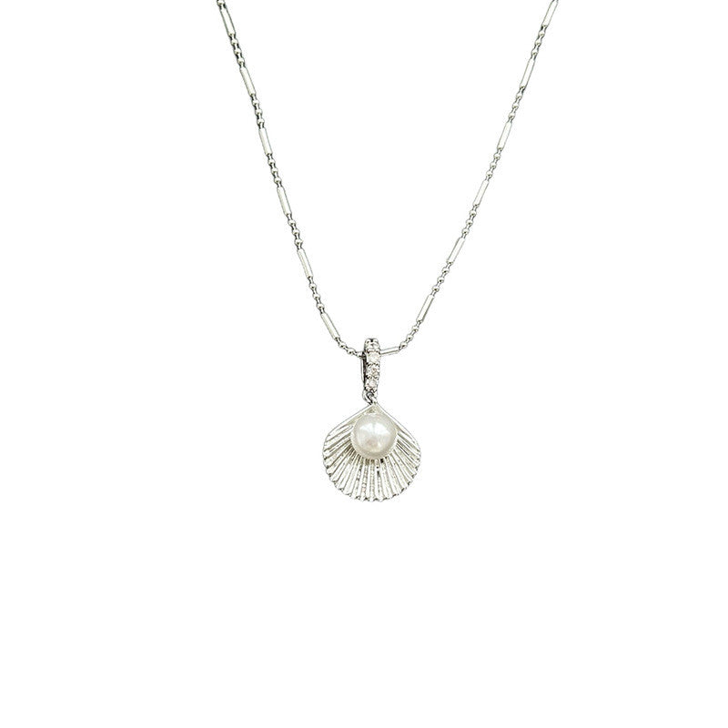 Silver Shell & Pearl Necklace | Hypoallergenic Minimalist Jewelry | Adjustable 45cm Beach Wedding Gift