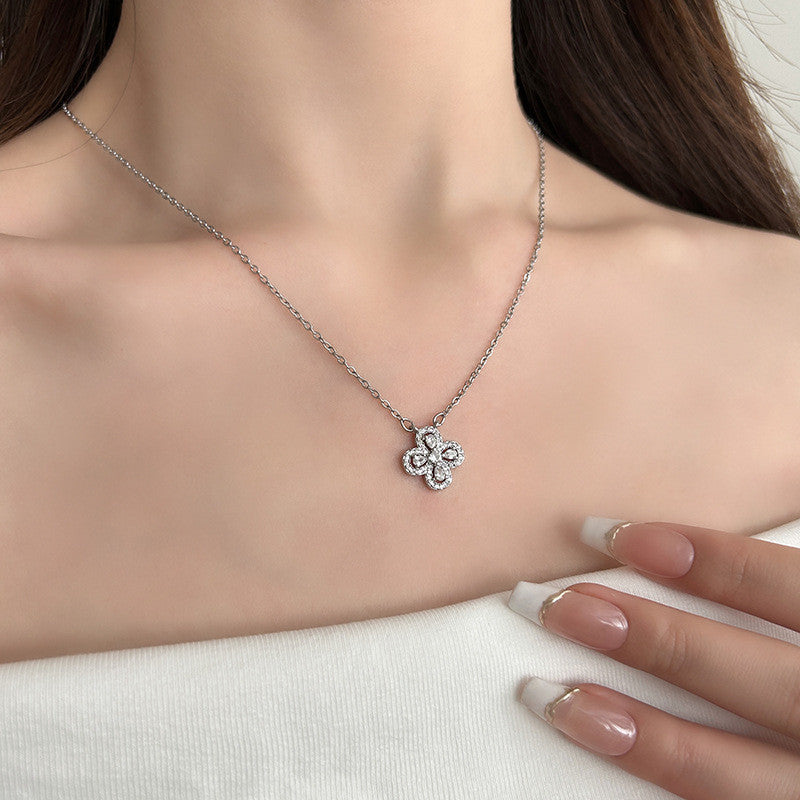 Titanium Steel Four-Leaf Clover Necklace | Hypoallergenic Diamond-Accent Jewelry | Lucky Charm Gift for Women