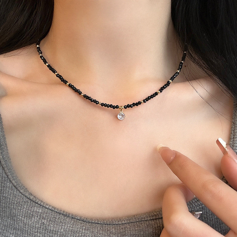 Black Onyx & Gold Bead Necklace | Hypoallergenic Adjustable 50cm Chain with Diamond Charm | Unisex Daily Jewelry